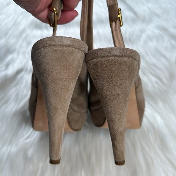 Gastone Lucioli Beige Suede Peep Toe Slingback Heels - Picture 6 of 9